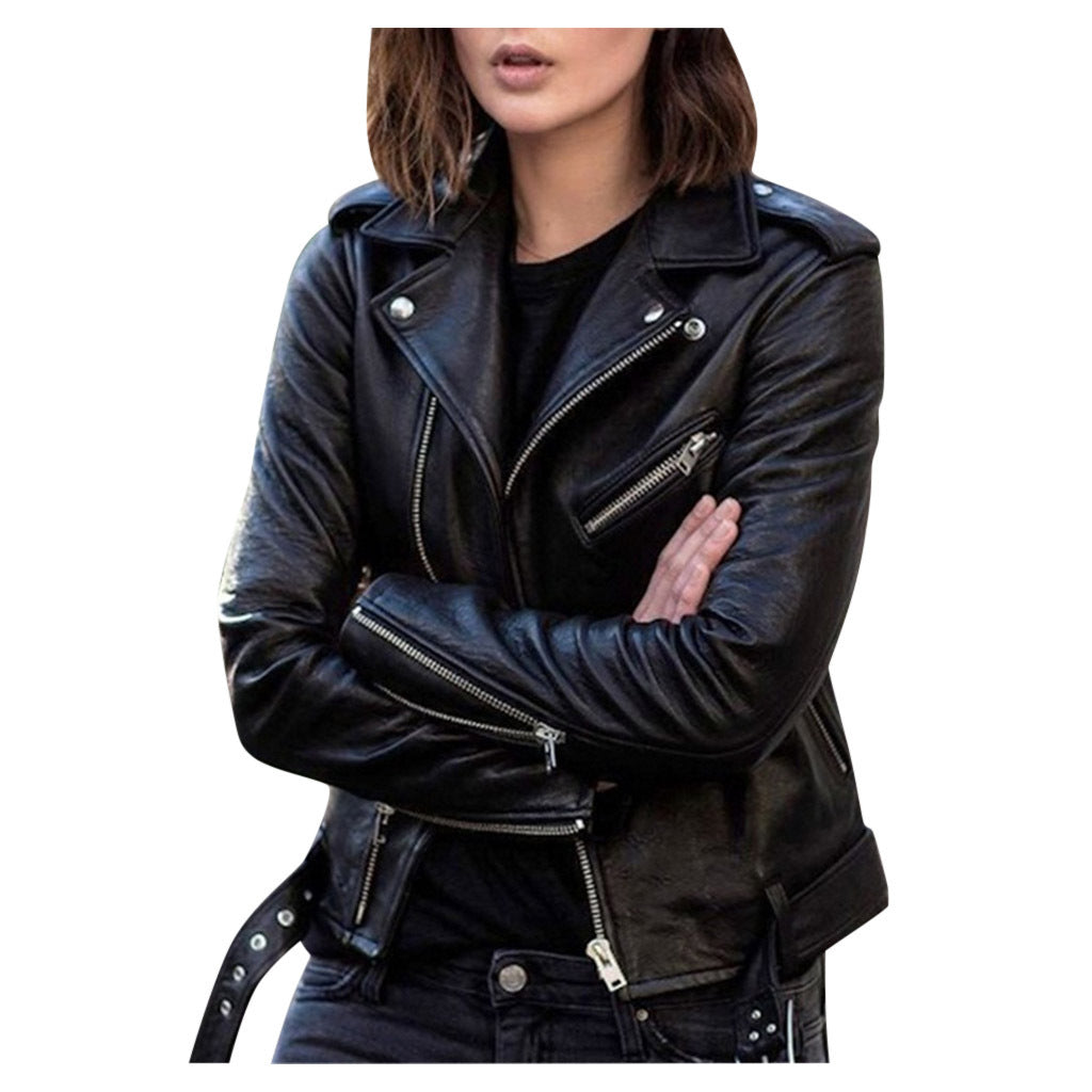 GlamzLife's Zip Leather Jacket - Short Style, Lapel Collar