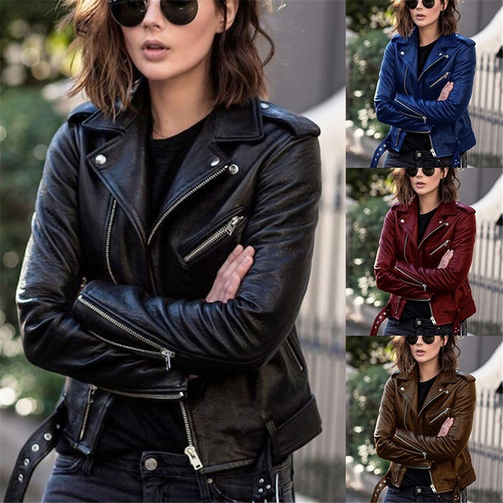 GlamzLife's Zip Leather Jacket - Short Style, Lapel Collar