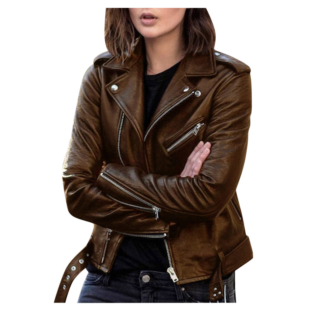 GlamzLife's Zip Leather Jacket - Short Style, Lapel Collar
