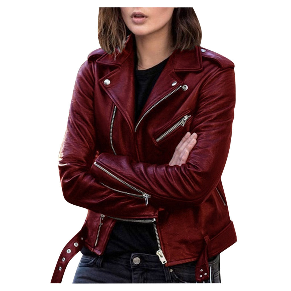 GlamzLife's Zip Leather Jacket - Short Style, Lapel Collar