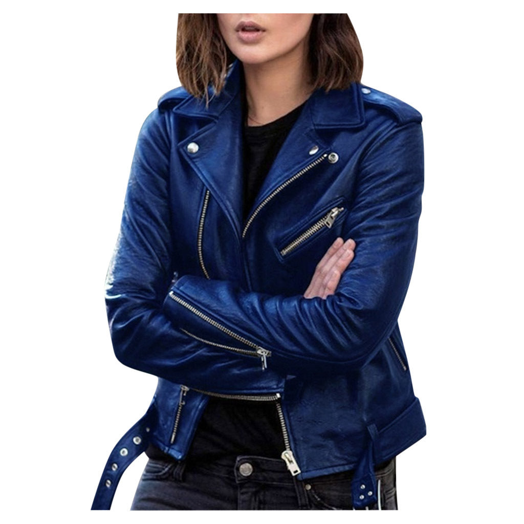 GlamzLife's Zip Leather Jacket - Short Style, Lapel Collar