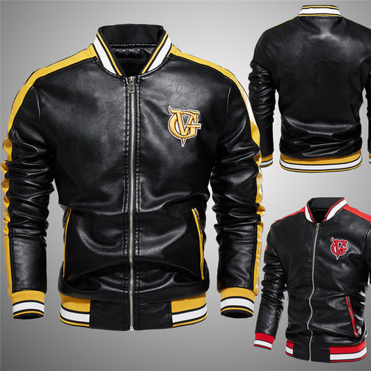 Men's Color Block Leather Jacket with Embroidery - GlamzLife