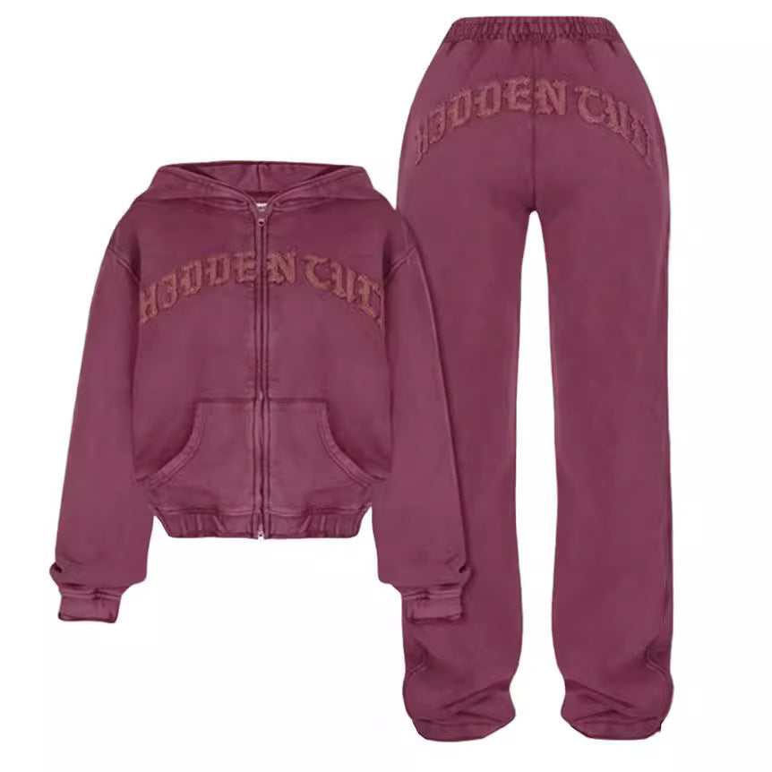 Glamzlife's Ins Letter Zip-Up Crop Top and Drawstring Trousers - Retro Style