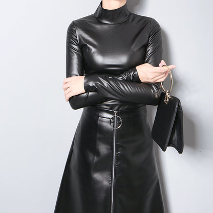 GlamzLife's Women's High Collar PU Leather Jacket dress - Black, Slim Fit