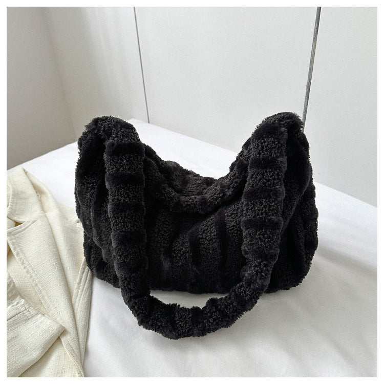 Large-capacity Striped Plush Bag Winter New Fashion Portable Tote Shoulder Bags Shopping Furry Handbags For Women | GlamzLife