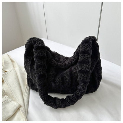 Large-capacity Striped Plush Bag Winter New Fashion Portable Tote Shoulder Bags Shopping Furry Handbags For Women | GlamzLife