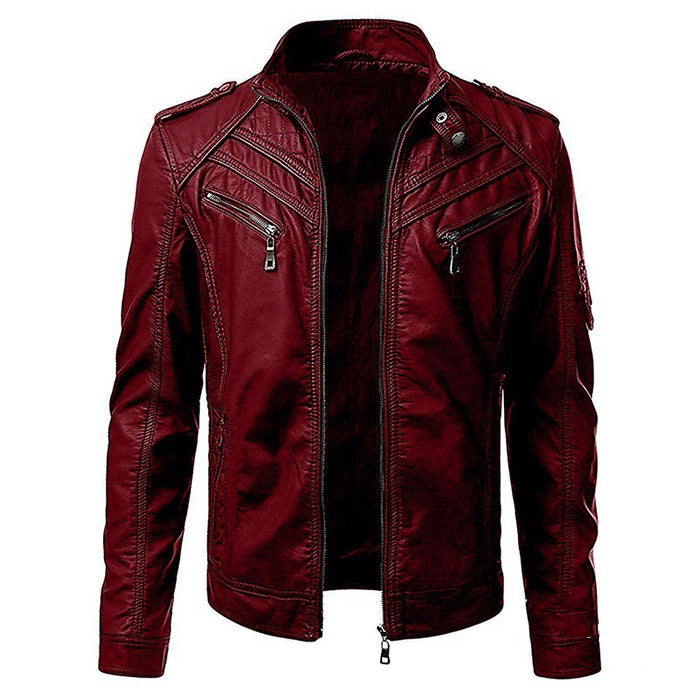 GlamzLife Men's Slim Zip PU Leather Jacket - Stand Collar, Multi-Pocket