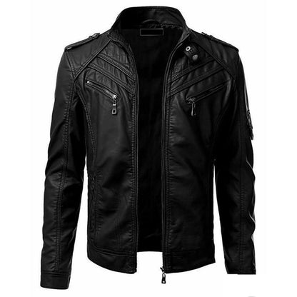 GlamzLife Men's Slim Zip PU Leather Jacket - Stand Collar, Multi-Pocket