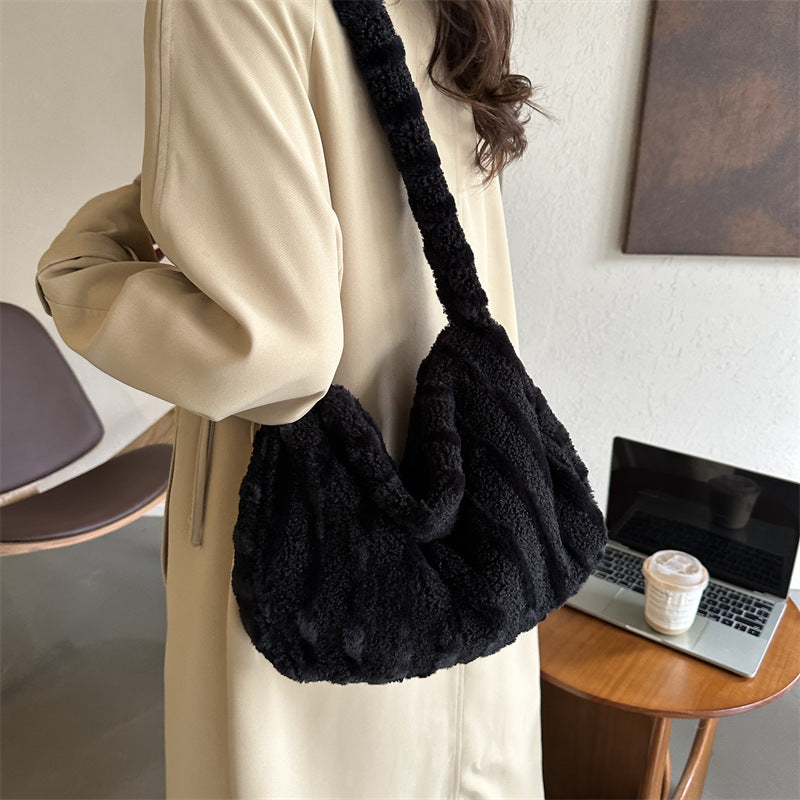 Large-capacity Striped Plush Bag Winter New Fashion Portable Tote Shoulder Bags Shopping Furry Handbags For Women | GlamzLife