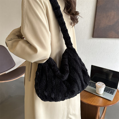Large-capacity Striped Plush Bag Winter New Fashion Portable Tote Shoulder Bags Shopping Furry Handbags For Women | GlamzLife