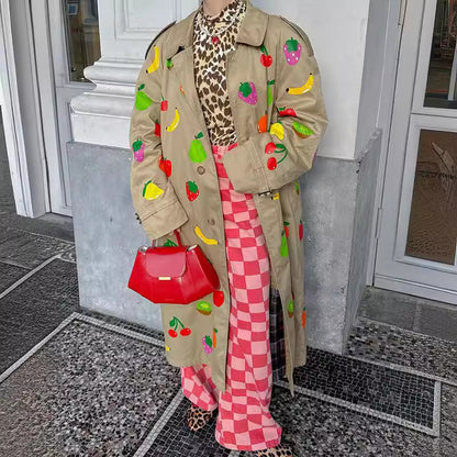 Elegant Khaki Fruit Printed Lapel Coat - GlamzLife
