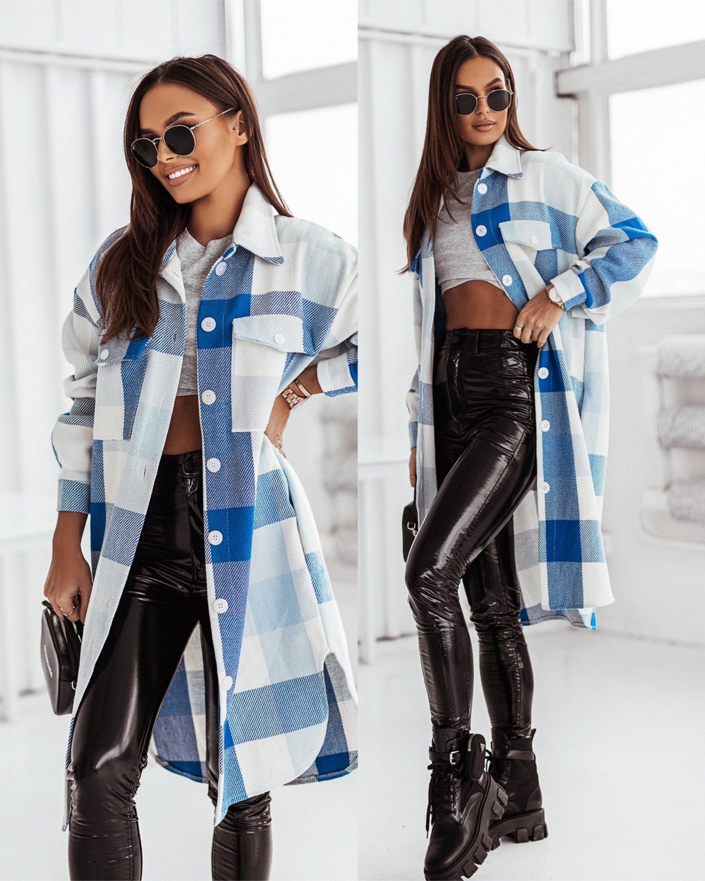 Women's Fashion Long Sleeve Color Plaid Brushed Woolen Long Coat | GlamzLife
