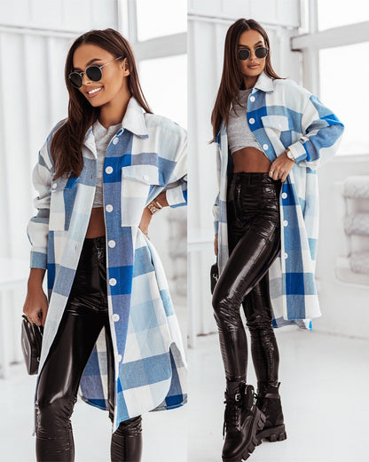 Women's Fashion Long Sleeve Color Plaid Brushed Woolen Long Coat | GlamzLife