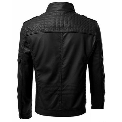 GlamzLife Men's Slim Zip PU Leather Jacket - Stand Collar, Multi-Pocket