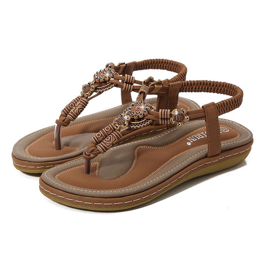 Women's Sandals Wooden Bead Woven Large Size Flat Bottom Casual