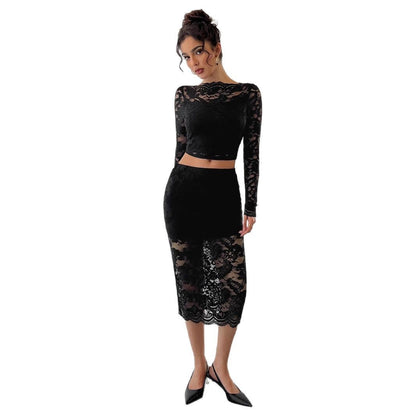 Women's Lace Jacquard Semi-transparent Skirt Suit - GlamzLife