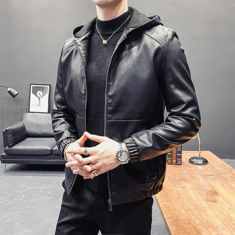 Men's Trendy Hooded Leather Jacket - GlamzLife