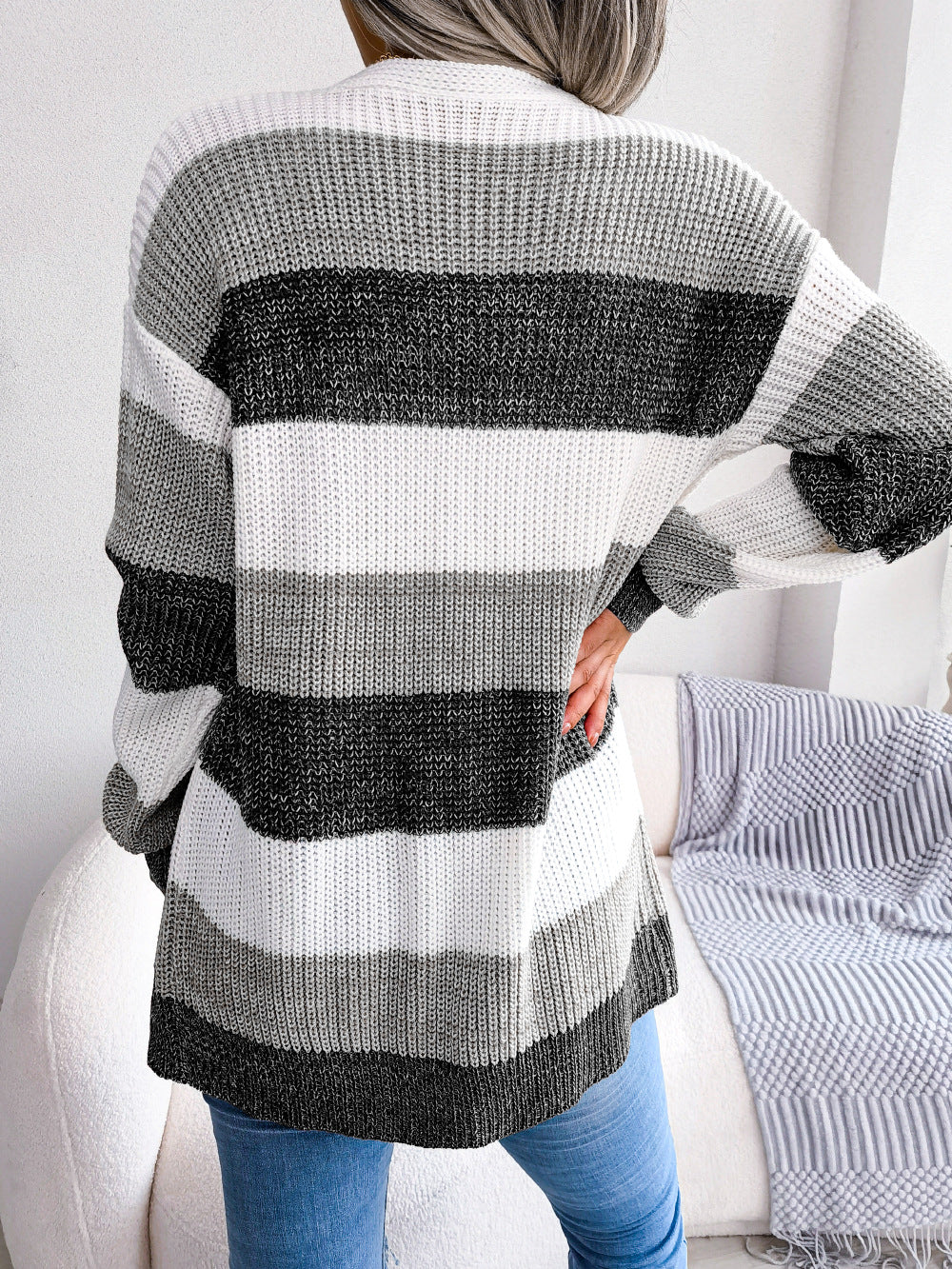 Plaid Sweater Women Casual Lantern Sleeves Cardigan Jacket Outerwear Clothes | GlamzLife