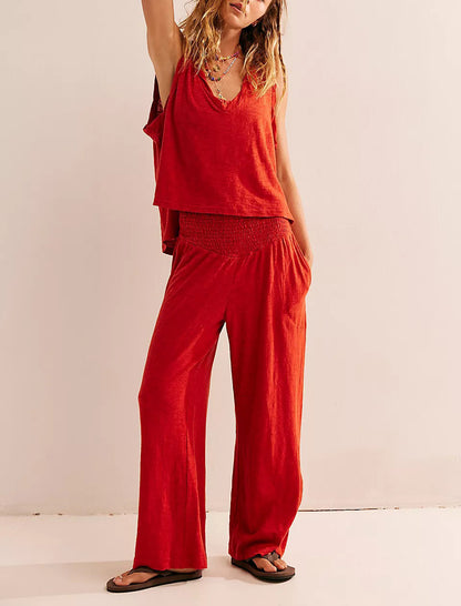Women's Knitted V-neck Top Elastic Waist Two-piece Suit