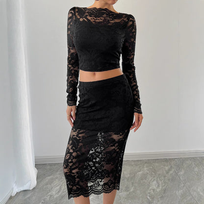 Women's Lace Jacquard Semi-transparent Skirt Suit - GlamzLife