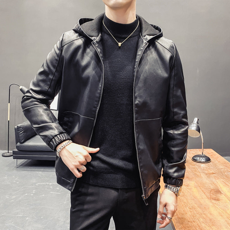 Men's Trendy Hooded Leather Jacket - GlamzLife