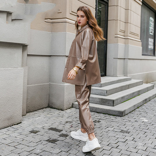Women's Two-Piece Leather Jacket & Pants Set - GlamzLife