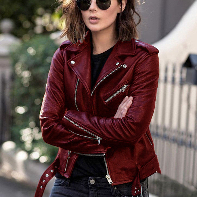 GlamzLife's Zip Leather Jacket - Short Style, Lapel Collar