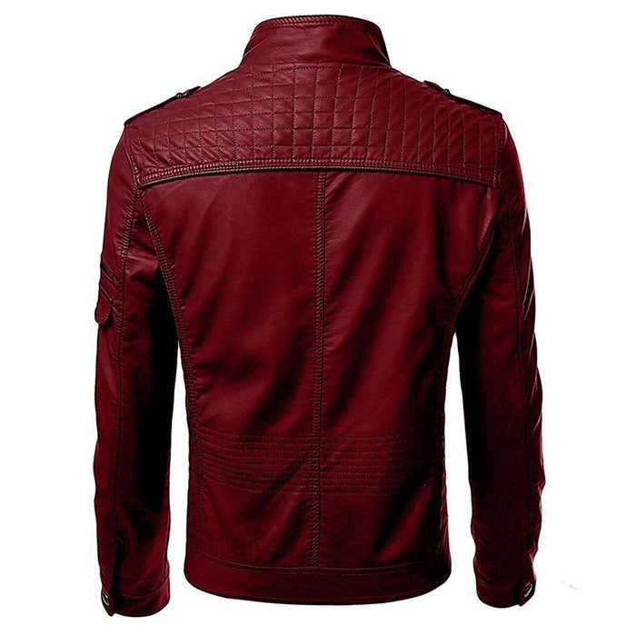 GlamzLife Men's Slim Zip PU Leather Jacket - Stand Collar, Multi-Pocket