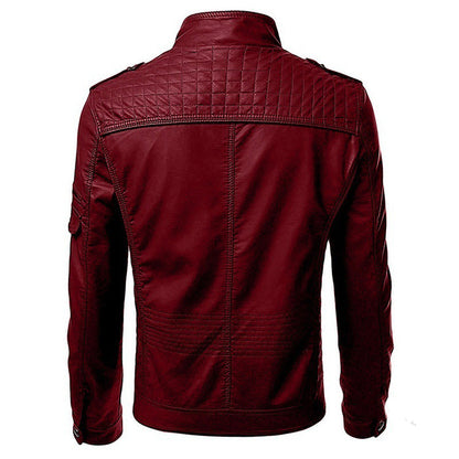 GlamzLife Men's Slim Zip PU Leather Jacket - Stand Collar, Multi-Pocket