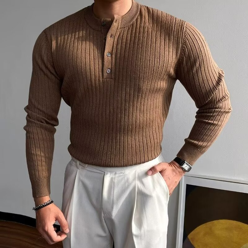 Henry Collar Sweater Long Sleeve Men's Sweater T-shirt - GlamzLife