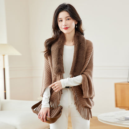 Women's Loose Tassel Fashion Shawl Jacket With Fur Collar - GlamzLife