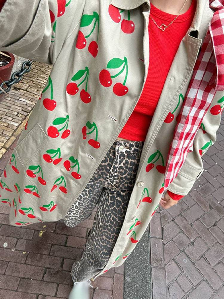 Elegant Khaki Fruit Printed Lapel Coat - GlamzLife