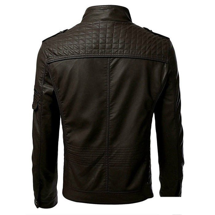 GlamzLife Men's Slim Zip PU Leather Jacket - Stand Collar, Multi-Pocket
