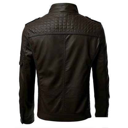 GlamzLife Men's Slim Zip PU Leather Jacket - Stand Collar, Multi-Pocket