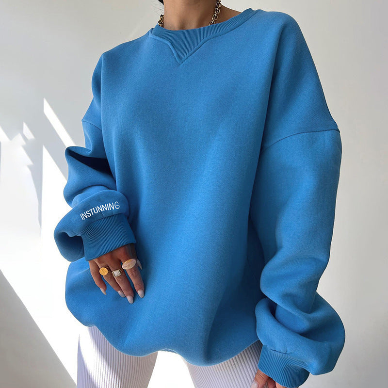 Loose Sweater Women's Casual Round Neck Pullover Tops Solid Color Sports Sweatshirt | GlamzLife