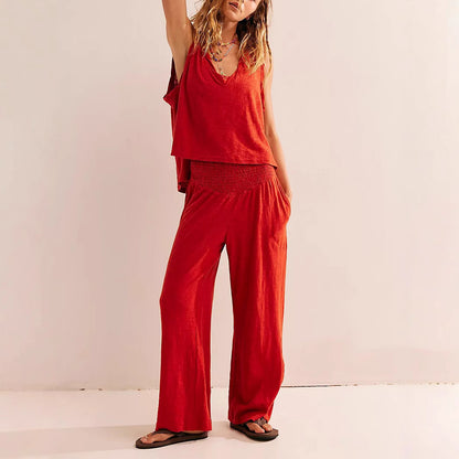Women's Knitted V-neck Top Elastic Waist Two-piece Suit