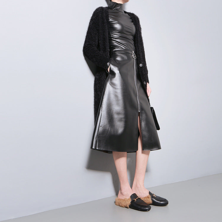GlamzLife's Women's High Collar PU Leather Jacket dress - Black, Slim Fit