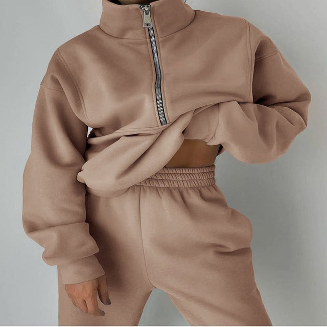 Stand Collar Suit Zip Up Crop Sportswear Long Sleeve Sweatshirt And Trousers For Spring Fall Women's Clothing | GlamzLife