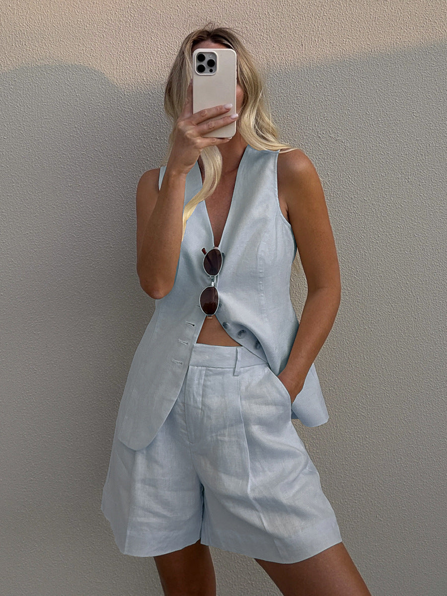 Cotton Linen Shorts Commuter Vest Shorts Suit - GlamzLife