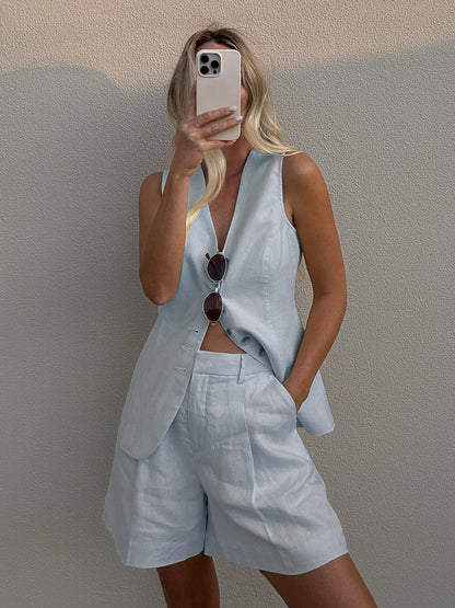 Cotton Linen Shorts Commuter Vest Shorts Suit - GlamzLife