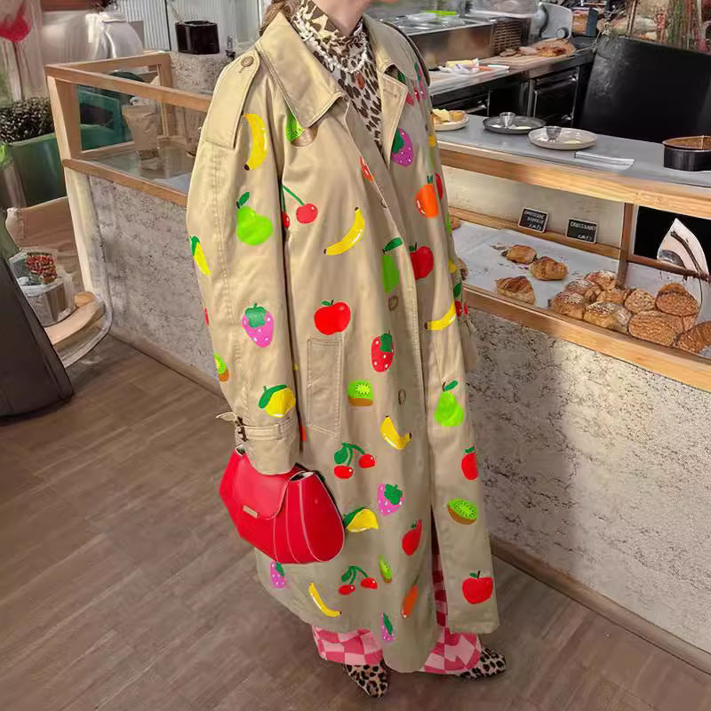 Elegant Khaki Fruit Printed Lapel Coat - GlamzLife
