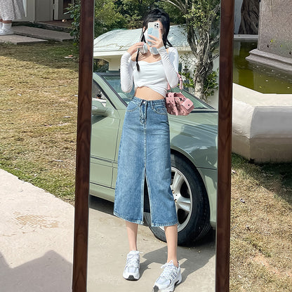 High Waist Slit Denim Skirt For Women - GlamzLife