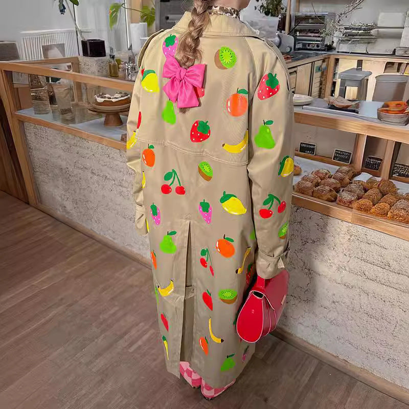 Elegant Khaki Fruit Printed Lapel Coat - GlamzLife