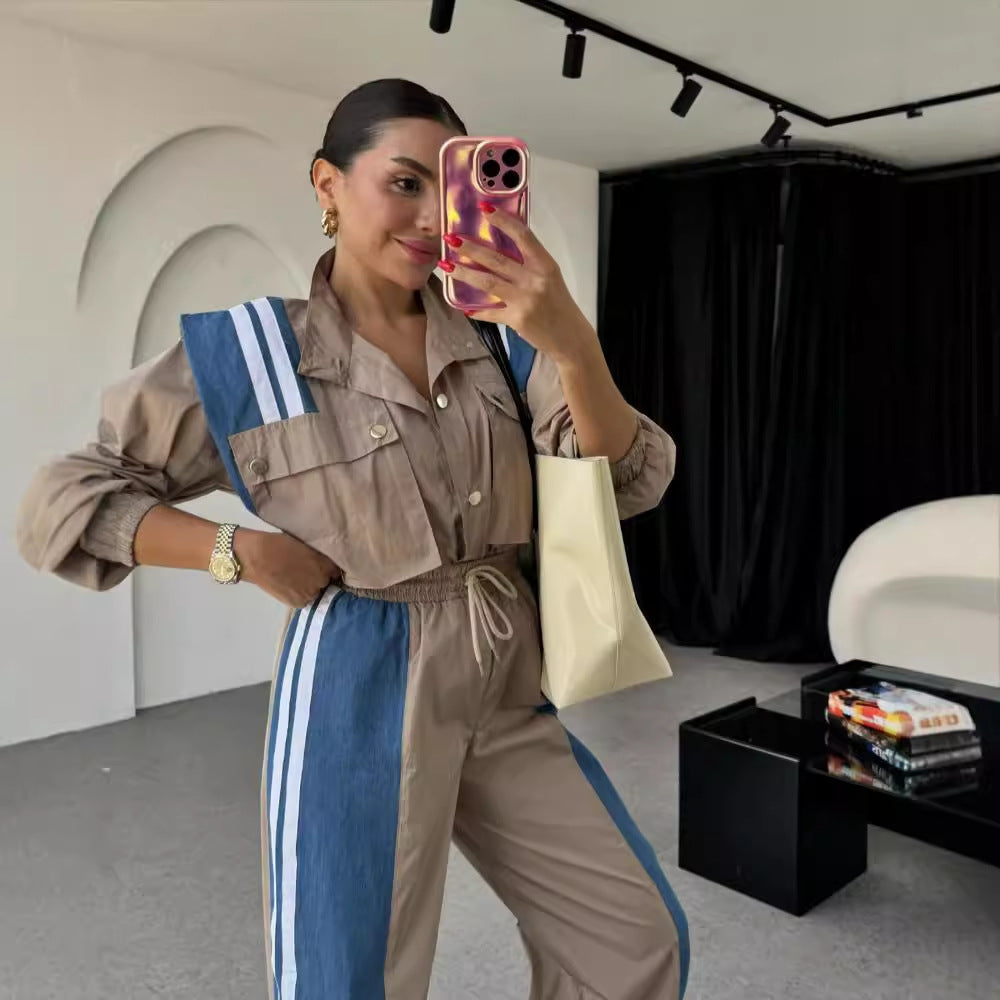 Niche Design Denim Patchwork Stripes Overall Suit