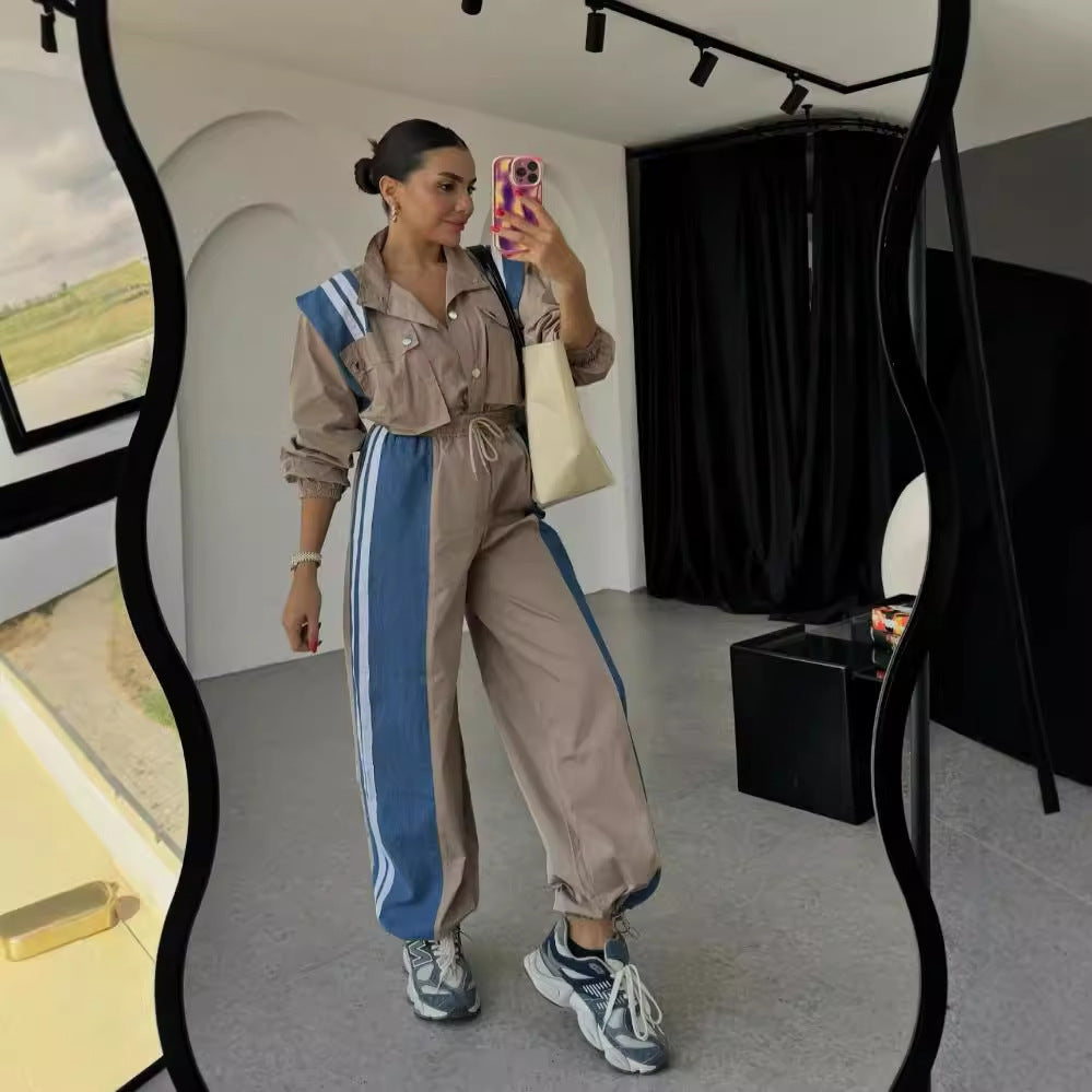 Niche Design Denim Patchwork Stripes Overall Suit