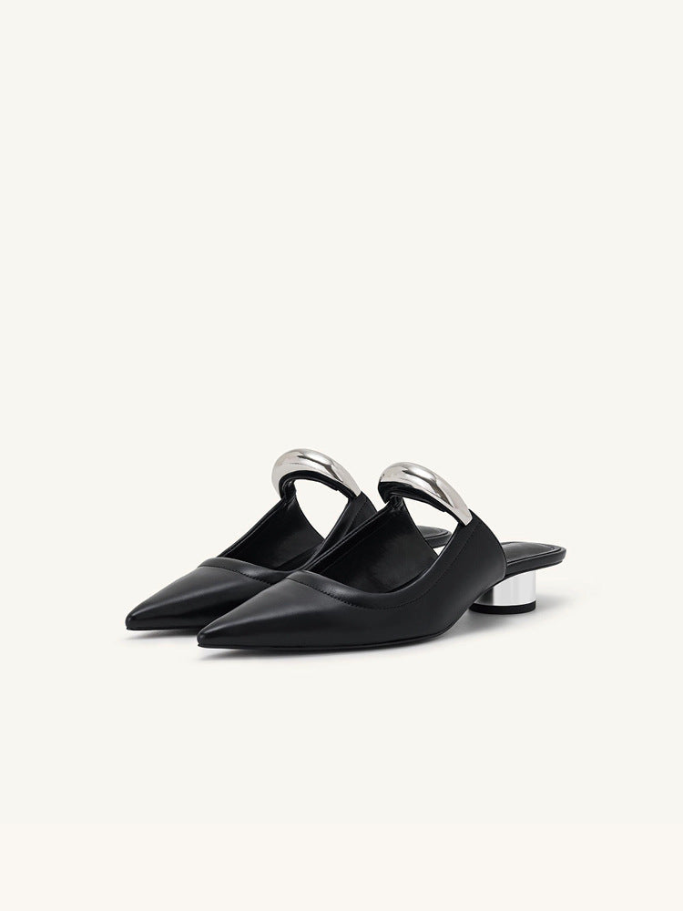 Pointed-toe Slippers Women's Chunky Heel Mid Heel Half Slippers Ferrule Sandals