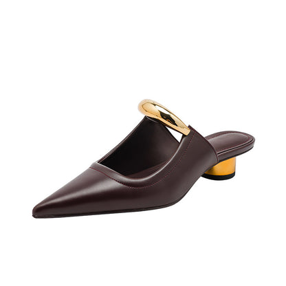 Pointed-toe Slippers Women's Chunky Heel Mid Heel Half Slippers Ferrule Sandals