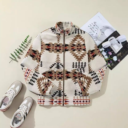Western Geometric Print Women's Stand Collar Coat - GlamzLife
