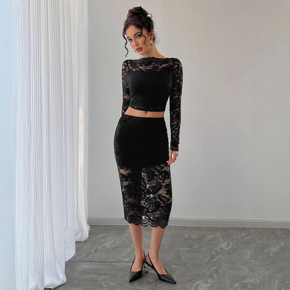Women's Lace Jacquard Semi-transparent Skirt Suit - GlamzLife