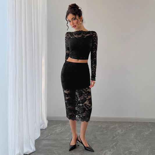 Women's Lace Jacquard Semi-transparent Skirt Suit - GlamzLife